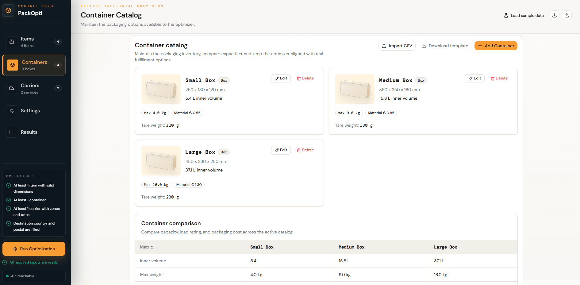 Screenshot illustrating: Optimize container usage across your full in-house inventory.